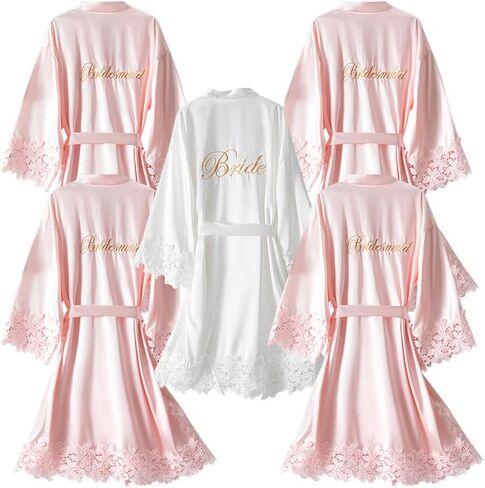 5 Pcs Satin Bridal Robes with Lace Trim Embroidered Short Kimono Bride Bridesmaid Getting Ready Dressing Gown in Saudi Arabia