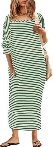 Angashion Women's Casual Striped Dresses: Long Sleeve Square Neck Fall Loose Fit Back Slit Midi Tee Shirt Dress with Pockets in Saudi Arabia