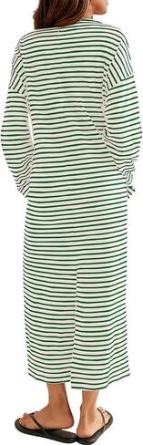 Angashion Women's Casual Striped Dresses: Long Sleeve Square Neck Fall Loose Fit Back Slit Midi Tee Shirt Dress with Pockets in Saudi Arabia