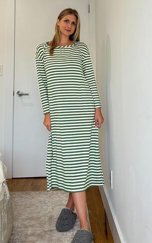 Angashion Women's Casual Striped Dresses: Long Sleeve Square Neck Fall Loose Fit Back Slit Midi Tee Shirt Dress with Pockets in Saudi Arabia