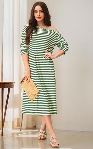 Angashion Women's Casual Striped Dresses: Long Sleeve Square Neck Fall Loose Fit Back Slit Midi Tee Shirt Dress with Pockets in Saudi Arabia