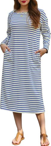 Angashion Women's Casual Striped Dresses: Long Sleeve Square Neck Fall Loose Fit Back Slit Midi Tee Shirt Dress with Pockets in Saudi Arabia