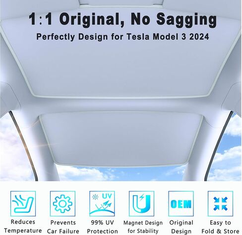Tesla Model 3 Foldable Window Sunshade Roof, Window Heat Blocking and Sun Protection for Model 3 Glass Roof Sunshade 2024 Grey in Saudi Arabia