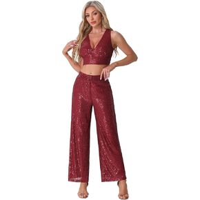 Allegra K Sequin Sets for Women's Cocktail Prom Tank Crop Top Wide Legs Pants Sparkle Two Piece Outfit