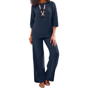 Women's cotton and linen solid color suit 2-piece vintage 3/4 sleeve top wide leg pants casual suit with pockets