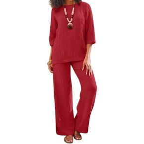 Women's cotton and linen solid color suit 2-piece vintage 3/4 sleeve top wide leg pants casual suit with pockets in Saudi Arabia