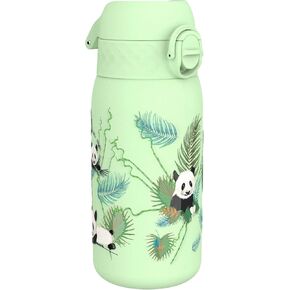 Ion8 Small Water Bottle, 350 ml/12 oz, Leak Proof, Easy to Open, Secure Lock, Dishwasher Safe, BPA Free, Carry Handle, Hygienic Flip Cover, Easy Clean, Odor Free, Carbon Neutral, Green, Pandas Design