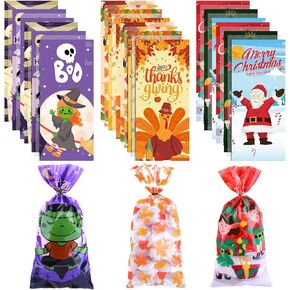 200Pcs Halloween Cellophane Treat Bags 3 Holidays Plastic Candy Goodie Cookie Snack Bags with Twist Ties for Thanksgiving Christmas Halloween Trick or Treat Party Favors Packing Bags Supplies Gifts
