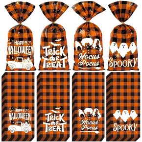 Whaline 160Pcs Halloween Cellophane Treat Bags Orange Black Plaids Gift Bags White Pumpkin Truck Ghost Goodie Bags with Twist Ties for Halloween Party Favors Candy Snacks Cookies Packing Supplies