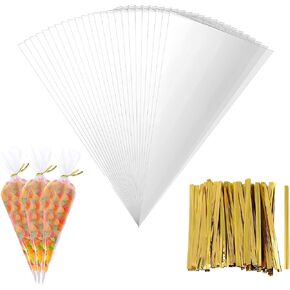 100 Pcs Cone Cellophane Bags, 6x12 Inches Clear Plastic Cone Shaped Treat Bags with 100 Twist Ties for Party Favor, Gift Wrapping, Packaging Decorations Storage