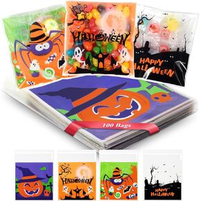 Artby7 100 Pack 4''x4'' Halloween Treat Bags for Candy or Cookies, Self Adhesive Small Candy Snake Goodie Bags for Halloween Party Favor and Gift Packing, Trick or Treat Bags