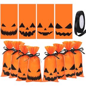 Whaline 160Pcs Halloween Cellophane Gift Bags with Black Ribbon Pumpkin Face Party Favor Candy Goodie Treat Bags for Trick or Treat Birthday Party Supplies