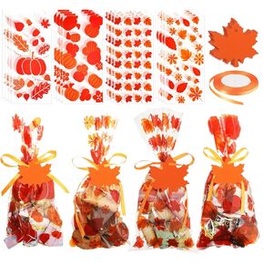 Chinco 240 Pcs Fall Cellophane Treat Bags Thanksgiving Cellophane Candy Bags Bulk Leaves Goodie Gift Bags Autumn Cello Treat Bags with Fall Maple Leaf Tags for Fall Autumn Thanksgiving Party Supplies