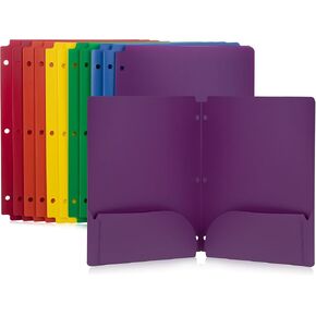12-Pack, 2 Pocket and 3 Hole Letter Size Plastic Folders with Pockets, Paper Folders, Fits 3-Ring Binders, Holds 8-1/2" x 11" Paper, Assorted Colors