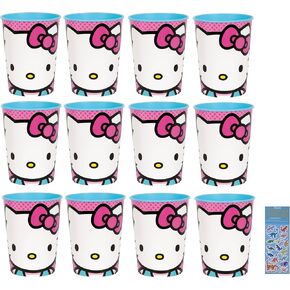 Hello Kitty Birthday Party Supplies Bundle includes 12 Plastic Reusable Cups 16oz and 1 Dinosaur Sticker Sheet