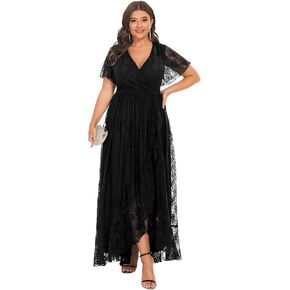 Ever-Pretty Plus Women's V Neck Ruffles Sleeves Pleated Lace Summer Plus Size Semi Formal Dress for Curvy Women 01489-DA