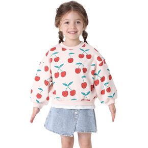 marc & janie Girls Long Lantern Sleeve Sweatshirts Cherry Printed Round Neck Shirts Soft Cute Pullover Tops 231238
