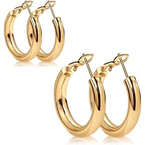 2 Pairs Chunky Gold Hoop Earrings for Women Thick Gold Hoop Earrings 14K Gold Plated Hypoallergenic Stainless Steel Earrings Set Jewelry Gifts for Women