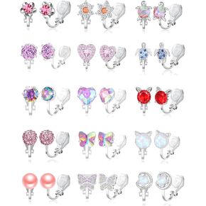 15 Pairs Clip On Earrings For Women Adult Cute Butterfly Rabbit Turtle Heart Flower CZ Pearl Frog Rainbow Star Multicolored Non Pierced Animal Earrings Set