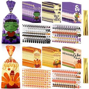 200Pcs Halloween Thanksgiving Cellophane Treat Bags, Halloween Trick or Treat Goody Bags Thanksgiving Treat Bags Happy Halloween Plastic Goodie Candy Bags for Halloween Thanksgiving Party Supplies