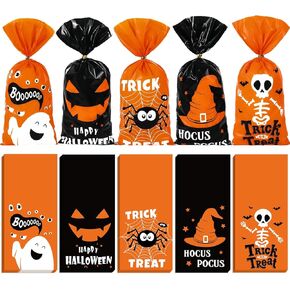 Whaline 160Pcs Halloween Cellophane Treat Bags Orange Black White Patterns Gift Bags Happy Halloween Goodie Bags with Twist Ties for Halloween Party Favors Candy Snacks Cookies Packing Supplies