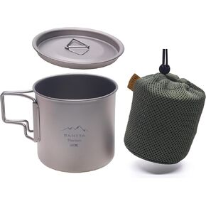 SANTTA Titanium Camping Cup, 18.6 oz /550ml Ultra Light Mug with Foldable Handle, Lid & Storage Pouch, for Outdoor Hiking, Camping & Backpacking
