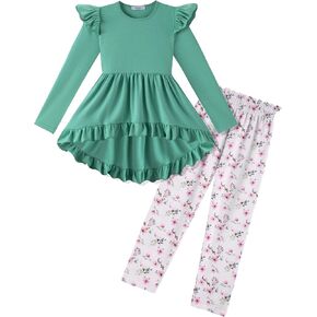 Arshiner Toddler Girl Clothes Ruffle Trim Long Sleeve Pullover Top and Floral Print Leggings Fall Outfits Kids Clothing Sets