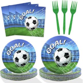Soccer Party Decorations Dinnerware Set for 25 Guests, 100 Pieces Soccer Party Paper Plates Napkins Forks for Men Boys Birthday Decoration