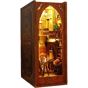 3D Wooden Magic Library Book Nook Kit - Enchanting Bookshelf Insert with Touch LED | DIY Bookend Decor | Ideal for Adults & Teens (Library)