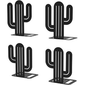 Decorative Black Cactus Bookends for Shelves, Sturdy Metal Book Ends for Heavy Books, Unique Cute Cactus Bookends (2 Pairs, Black)