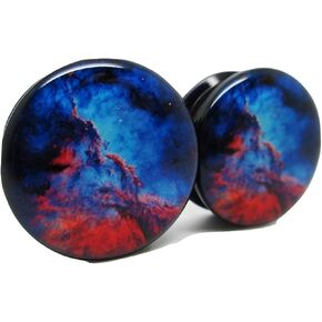 Nebula Blue & Red Galaxy Ear Plugs - Acrylic Screw-On - 10 Sizes - Pair (2 Gauge (6mm))