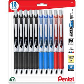 Pentel Energel 0.7mm Deluxe RTX liquid Gel Ink Pens - Pack of 10 Pens - Metal Tip - 5 Black 3 Blue and 2 Red