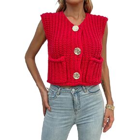 Womens Sleeveless Chunky Crop Knit Cardigan Button Down Cropped Knitted Sweater Vest Casual Open Front Tops With Pockets