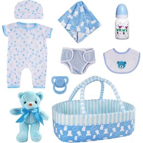BABESIDE 9 Pcs Reborn Baby Doll Clothes Set for 17-22 Inch Dolls, Baby Dolls Clothes Accessories with Baby Doll Bassinet Doll Bottle and Doll Pacifier for Realistic Newborn Baby Dolls, Blue