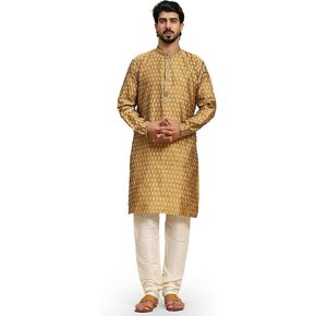 SKAVIJ Men's Jacquard Silk Kurta Pajama Set Indian Traditional Thread Work Dress