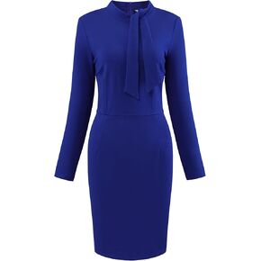 Women's Bowtie Neck Sheath Dresses Long Sleeve Knee Length Work Pencil Dress