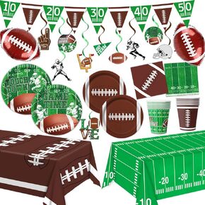 Football Party Supplies Kit - Includes Plates, Napkins, Cups, Banner, Hanging Swirl, Football Balloons, Tablecloth for Football Tailgate Birthday Party Decorations, Serve 24
