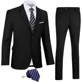 Mens 2 Piece Slim Fit Suit Set Two Button Solid Suit Jacket Pants with Tie Notch Lapel Casual Wedding Suits