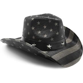 Vintage USA American Flag Cowboy Hat Classic Tea Stained Patriotic Western Cowboy Cowgirl Hat with Shapable Brim, Vintage Black and White, Large
