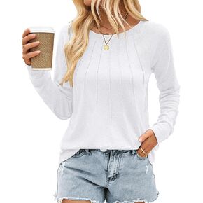 SimpleFun Womens Pleated Long Sleeve Tunic Tops Dressy Casual Long Blouses Basic Crewneck Fall Shirts