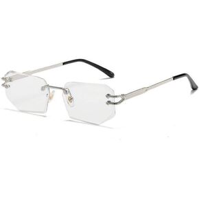 Street Knitted Designer Retro Trendy Style Vintage Frameless Clear Lens Rectangular Silver Wire Frame Metal Unisex Square Rimless Men’s Women Clear Tint Rectangle Hip Hop Eye Glasses