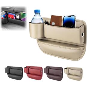 Car Leather Cup Holder Gap Bag, Car Seat Gap Filler Organizer, Car Seat Storage Box with Water Cup Holder, Car Gap Bag for Phones Keys Cards (Driver's Seat, Black)