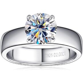 2CT Solitare Moissanite Engagement Ring D Color VVS1 Lab Created Diamond Anniversary Rings Platinum Plated Sterling Silver 4 Prong Moissanite Ring for Women or Wife Gifts