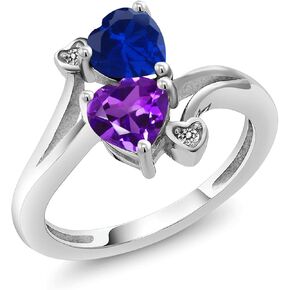 Gem Stone King 925 Sterling Silver Blue Created Sapphire Purple Amethyst and White Diamond Ring For Women (1.48 Cttw, Heart Shape 6MM, Gemstone September Birthstone, Available In Size 5, 6, 7, 8, 9)