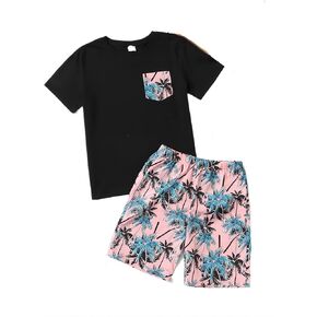 Floerns Boy's 2 Piece Outfit Summer Tropical Short Sleeve Tee Shirt and Shorts Set