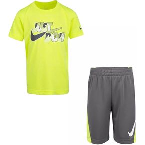 Nike Little Boys Dri-FIT Just Do It Tee & Shorts 2 Piece Set (Grey(86H819-M19)/Volt, 7, 7_Years)