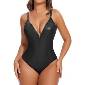 SHAPERIN Women's Faux Leather Bodysuit Deep V Neck Plunge Shapewear Tummy Control Croset Top Thong Body Shaper