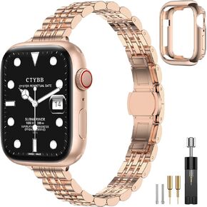 CTYBB Metal Slim Band with Case Compatible with Apple Watch Bands for Women 40mm 41mm 38mm 42mm, Stainless Steel Chain Straps for iWatch Bands Series 10 9 8 7 6 5 4 3 2 1 SE,Starlight
