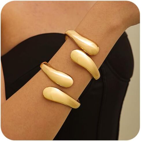 Gold Bangle for Women Chunky Cuff Bracelet Thick 18K Gold Plated Bangle Bracelets Set Open Teardrop Bangle Trendy Wide Wire Irregular Minimalist Bangle Jewelry in Saudi Arabia