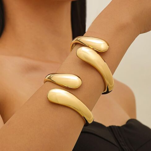Gold Bangle for Women Chunky Cuff Bracelet Thick 18K Gold Plated Bangle Bracelets Set Open Teardrop Bangle Trendy Wide Wire Irregular Minimalist Bangle Jewelry in Saudi Arabia